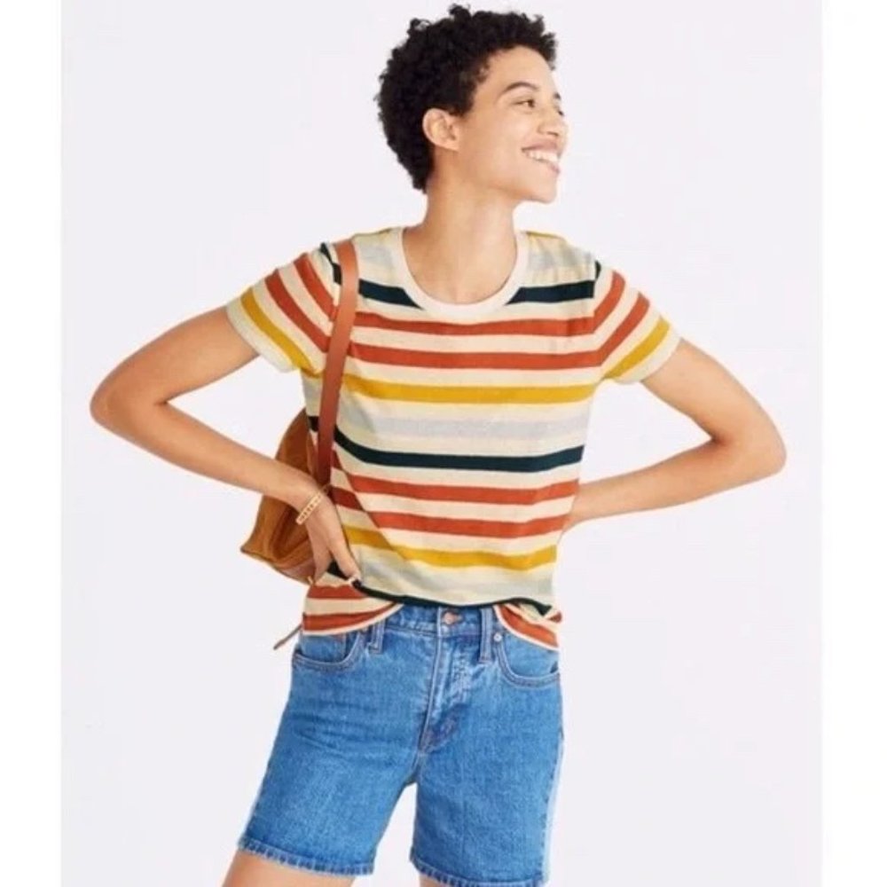 Madewell LoFi Shrunken Striped Whisper Tee T Shirt Navy Mustard Gold size XS - Picture 6 of 9